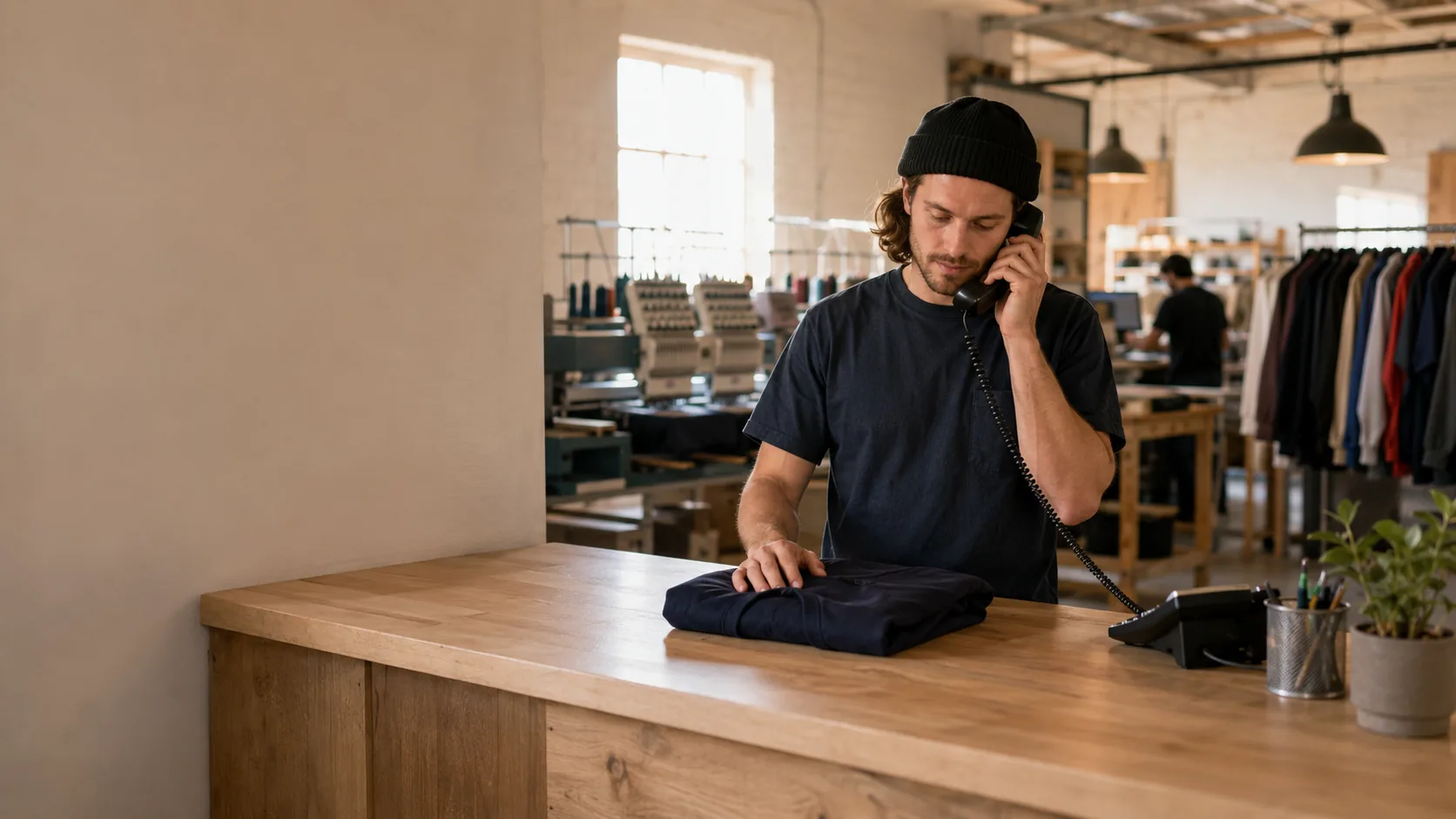 A member of staff at the shop counter taking a call, one hand on a folded garment, with the workshop and a rail of finished work behind